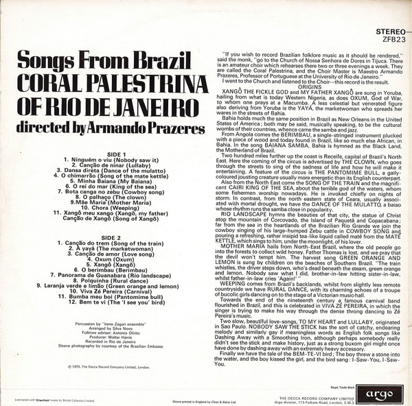 Coral Palestrina Of Rio De Janeiro - Songs From Brazil | Argo Record Company Limited (ZFB 23) - main