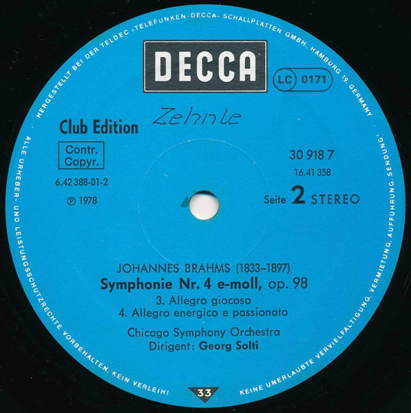 Johannes Brahms – Chicago Symphony Orchestra , Georg Solti - Symphonie Nr. 4 E-Moll, Op. 98 | Decca (30918 7) - 4