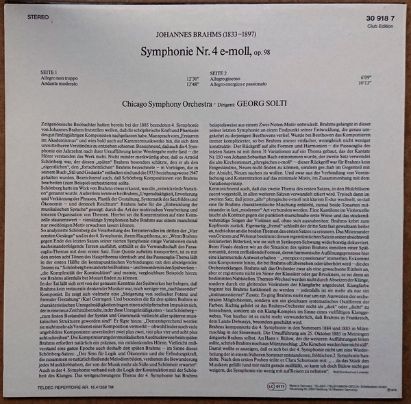 Johannes Brahms – Chicago Symphony Orchestra , Georg Solti - Symphonie Nr. 4 E-Moll, Op. 98 | Decca (30918 7) - 2