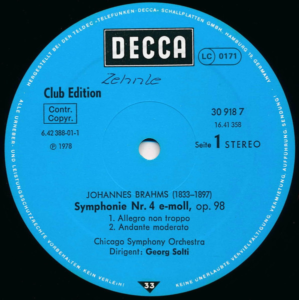 Johannes Brahms – Chicago Symphony Orchestra , Georg Solti - Symphonie Nr. 4 E-Moll, Op. 98 | Decca (30918 7) - 3