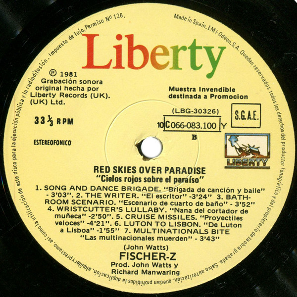 Fischer-Z - Red Skies Over Paradise = Cielos Rojos Sobre El Paraiso | Liberty (10C 066 083100 Y) - 4 Fischer-Z - Red Skies Over Paradise = Cielos Rojos Sobre El Paraiso | Liberty (10C 066 083100 Y) - 4