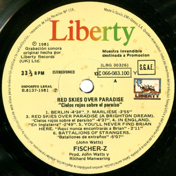 Fischer-Z - Red Skies Over Paradise = Cielos Rojos Sobre El Paraiso | Liberty (10C 066 083100 Y) - 3 Fischer-Z - Red Skies Over Paradise = Cielos Rojos Sobre El Paraiso | Liberty (10C 066 083100 Y) - 3