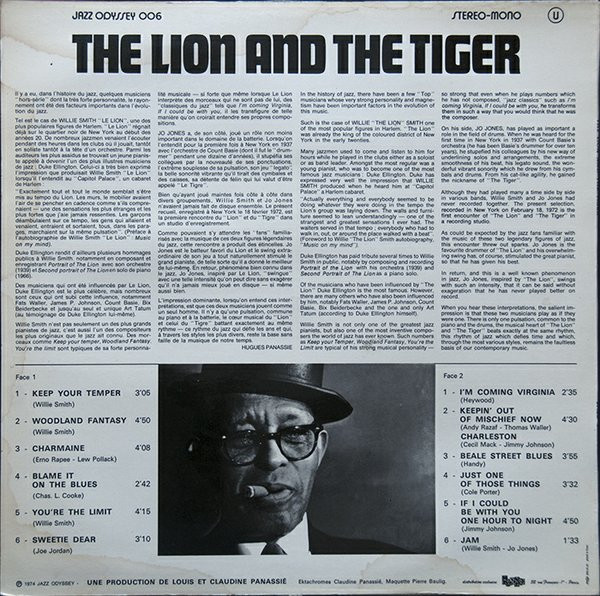 Willie "The Lion" Smith , Jo Jones - The Lion And The Tiger | Jazz Odyssey (JO 006) - 2 Willie "The Lion" Smith , Jo Jones - The Lion And The Tiger | Jazz Odyssey (JO 006) - 2