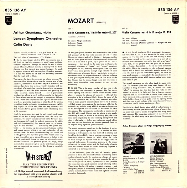 Arthur Grumiaux • London Symphony Orchestra - Sir Colin Davis / Wolfgang Amadeus Mozart - Violin Concertos In B Flat Major K. 207 And In D Major K. 218 [Vinyl] | Philips (835 136 AY) - 2