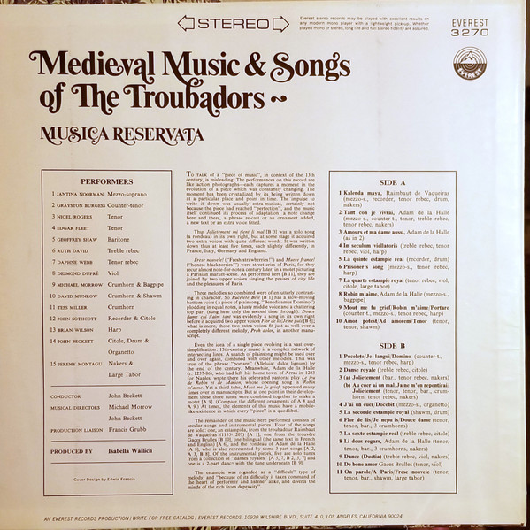 Musica Reservata - Medieval Music & Songs Of The Troubadors | Everest (SDBR 3270) - 2