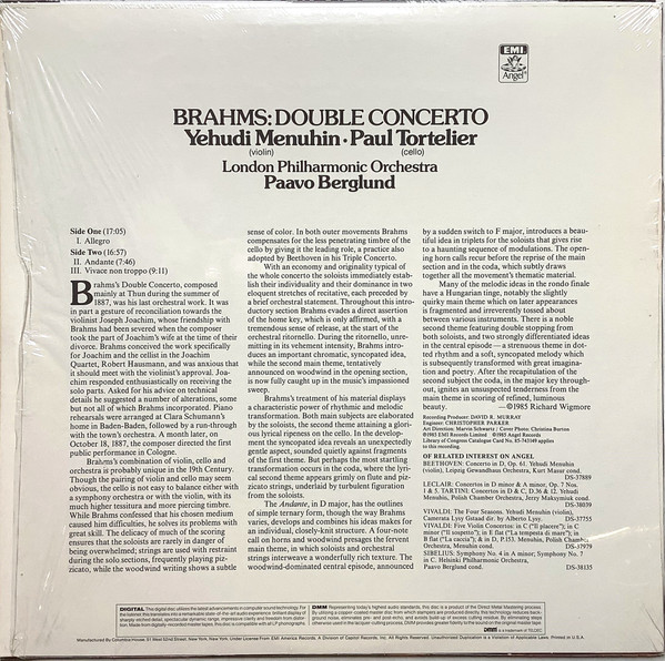 Johannes Brahms - Yehudi Menuhin , Paul Tortelier , London Philharmonic Orchestra , Paavo Berglund - Double Concerto [Vinyl] | Angel Records (DS 538226) - 2