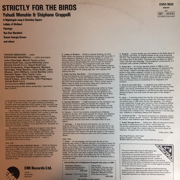 Yehudi Menuhin , Stéphane Grappelli & Max Harris - Strictly For The Birds | EMI (EMD 5533) - 2 Yehudi Menuhin , Stéphane Grappelli & Max Harris - Strictly For The Birds | EMI (EMD 5533) - 2