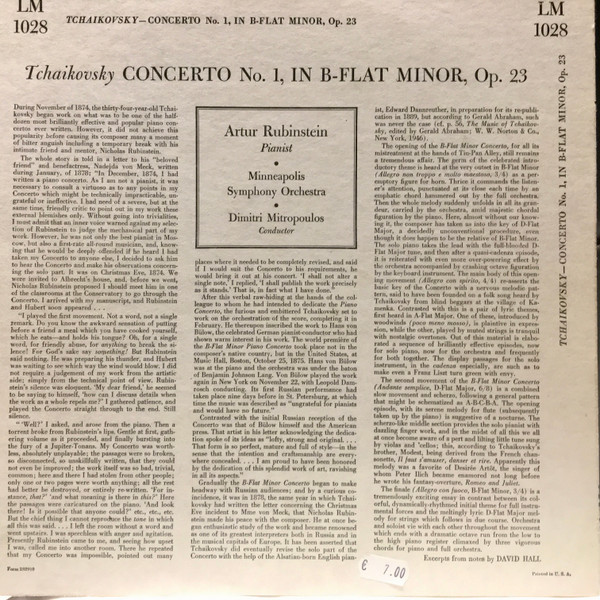 Pyotr Ilyich Tchaikovsky - Arthur Rubinstein , Minneapolis Symphony Orchestra , Dimitri Mitropoulos - Concerto No. 1 | RCA Victor Red Seal (LM 1028) - 2 Pyotr Ilyich Tchaikovsky - Arthur Rubinstein , Minneapolis Symphony Orchestra , Dimitri Mitropoulos - Concerto No. 1 | RCA Victor Red Seal (LM 1028) - 2