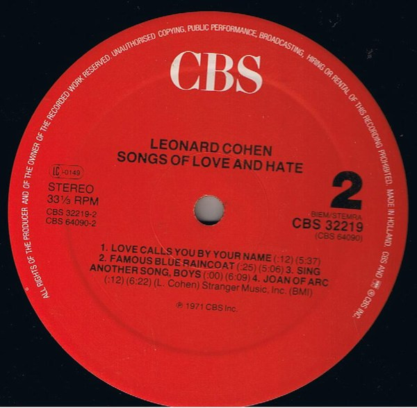 Leonard Cohen - Songs Of Love And Hate | CBS (CBS 32219) - 2 Leonard Cohen - Songs Of Love And Hate | CBS (CBS 32219) - 2