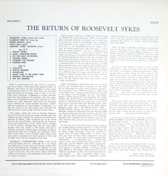 Roosevelt Sykes - The Return Of Roosevelt Sykes | Bluesville (BVLP 1006) - 2 Roosevelt Sykes - The Return Of Roosevelt Sykes | Bluesville (BVLP 1006) - 2