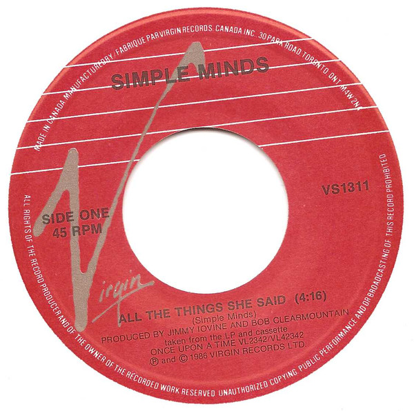 Simple Minds - All The Things She Said (7") [Vinyl] | Virgin (VS 1311) - 2
