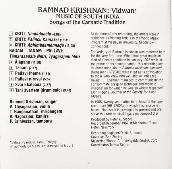 Ramnad Krishnan - Vidwan (Music Of South India - Songs Of The Carnatic Tradition) | Elektra Nonesuch (972 023-2) - 4 Ramnad Krishnan - Vidwan (Music Of South India - Songs Of The Carnatic Tradition) | Elektra Nonesuch (972 023-2) - 4