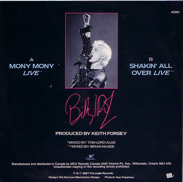 Billy Idol - Mony Mony / Shakin' All Over (Live) (Live) (7") [Vinyl] | Chrysalis (43161) - 2