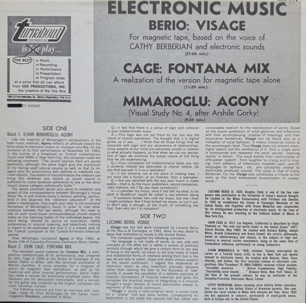 John Cage , Luciano Berio , Ilhan Mimaroglu - Electronic Music | Turnabout (TV 34046S) - 2