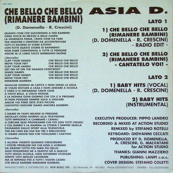 Asia D. - Che Bello Che Bello (Rimanere Bambini) / Baby Hit | New Music International (NMX 1050) - 2 Asia D. - Che Bello Che Bello (Rimanere Bambini) / Baby Hit | New Music International (NMX 1050) - 2