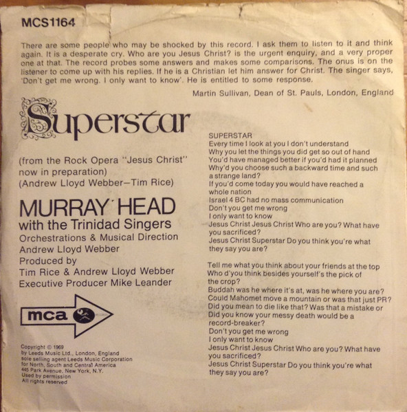 Murray Head With The Trinidad Singers / The Andrew Lloyd Webber Orchestra - Superstar | MCA Records (MCS 1164) - 2 Murray Head With The Trinidad Singers / The Andrew Lloyd Webber Orchestra - Superstar | MCA Records (MCS 1164) - 2
