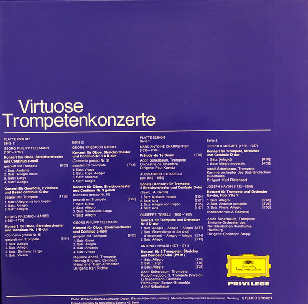 Georg Philipp Telemann , Georg Friedrich Händel , Marc Antoine Charpentier , Alessandro Stradella , Giuseppe Torelli , Antonio Vivaldi , Leopold Mozart , Joseph Haydn - Virtuose Trompetenkonzerte | Deutsche Grammophon (2705 021) - 2