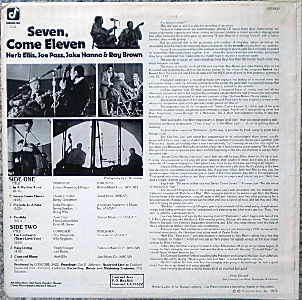 Herb Ellis & Joe Pass Also Featuring Jake Hanna & Ray Brown - Seven, Come Eleven (From Their Live Performance At The Concord Summer Festival) [Vinyl] | Concord Jazz (CJ-2) - 2