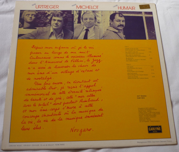 René Urtreger , Pierre Michelot , Daniel Humair - R. Urtreger, P. Michelot, D. Humair [Vinyl] | Carlyne Music (CAR 003) - 2