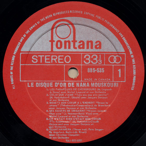 Nana Mouskouri - Le Disque D'Or De Nana Mouskouri | Fontana (885-535) - 3 Nana Mouskouri - Le Disque D'Or De Nana Mouskouri | Fontana (885-535) - 3