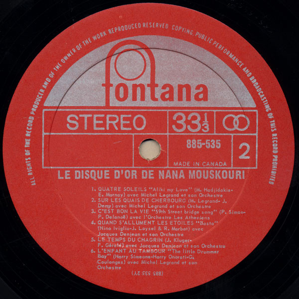 Nana Mouskouri - Le Disque D'Or De Nana Mouskouri | Fontana (885-535) - 4 Nana Mouskouri - Le Disque D'Or De Nana Mouskouri | Fontana (885-535) - 4