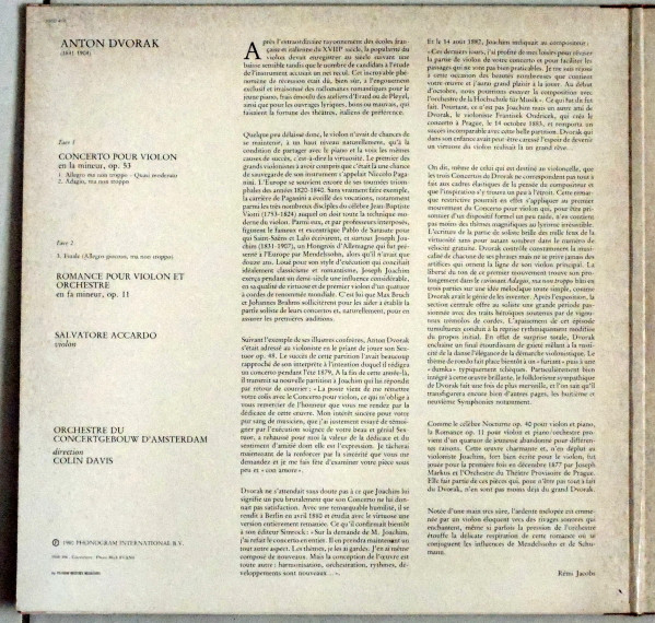 Antonín Dvořák , Salvatore Accardo , Sir Colin Davis , Concertgebouworkest - Dvořák Violin Concerto Op. 53, Romance Op.. 11 | Philips (9500 406) - 2