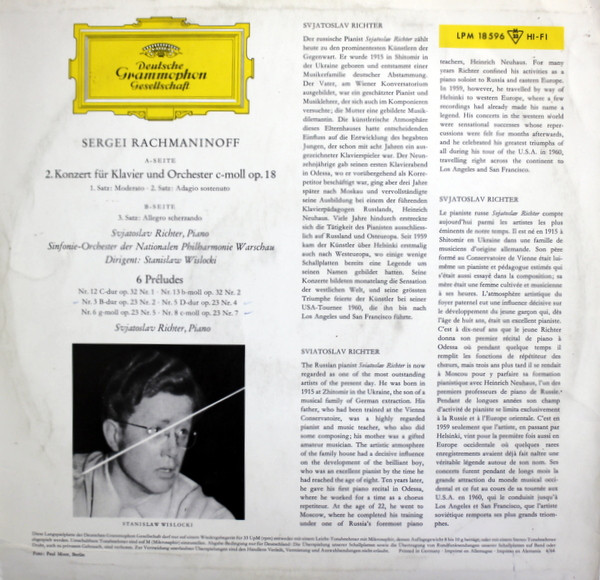 Sviatoslav Richter : Sergei Vasilyevich Rachmaninoff - Klavierkonzert Nr. 2 In C-moll · Piano-Concerto No. 2 In C Minor - 6 Preludes | Deutsche Grammophon (LPM 18596) - 2