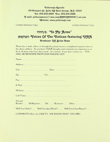 Voices From The Vatican Featuring Una - In My Arms | Yellorange (YO-1006) - 4