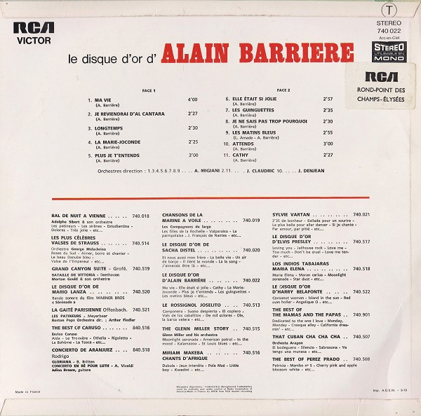 Alain Barrière - Le Disque D'Or D'Alain Barriere | RCA Victor (740.022) - 2
