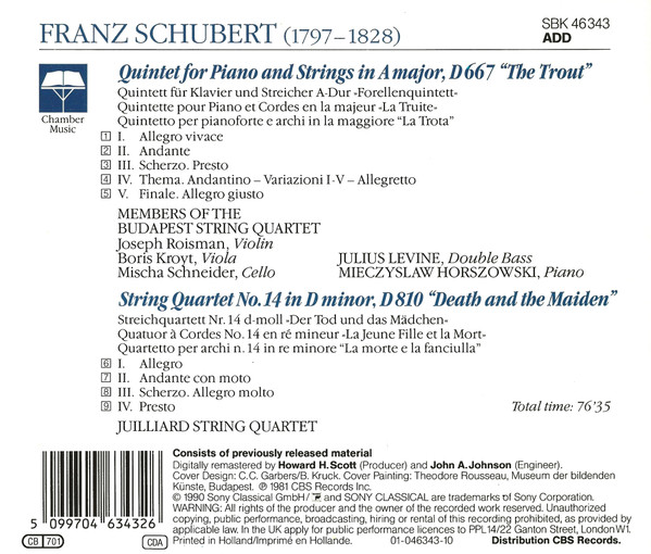 Franz Schubert – Budapest String Quartet • Mieczyslaw Horszowski • Juilliard String Quartet - Forellen-Quintett / Der Tod Und Das Mädchen | Sony Classical (SBK 46343) - 2