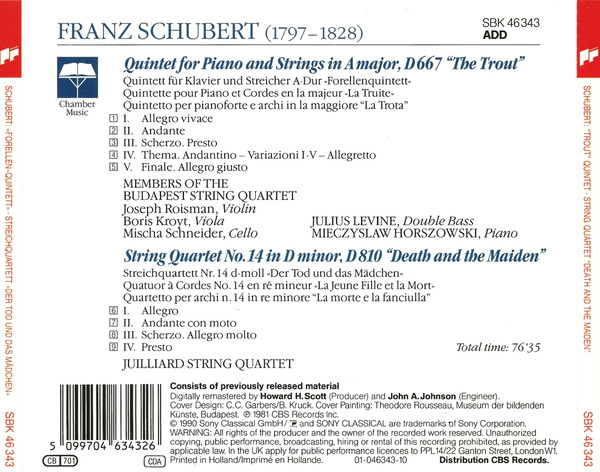 Franz Schubert – Budapest String Quartet • Mieczyslaw Horszowski • Juilliard String Quartet - Forellen-Quintett / Der Tod Und Das Mädchen | Sony Classical (SBK 46343) - 3