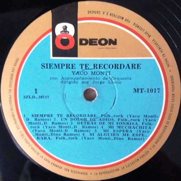 Yaco Monti - Siempre Te Recordaré | Odeon (MT-1017) - 4