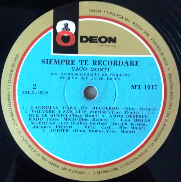 Yaco Monti - Siempre Te Recordaré | Odeon (MT-1017) - 3