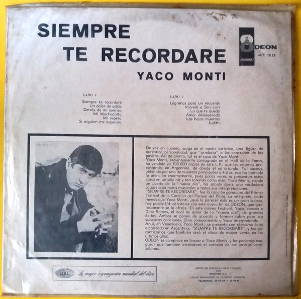 Yaco Monti - Siempre Te Recordaré | Odeon (MT-1017) - 2