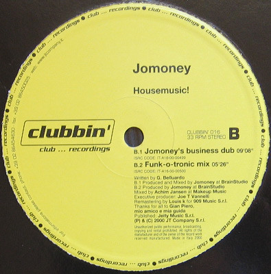 Jomoney - Housemusic! | Clubbin' Records (CLUBBIN 016) - main