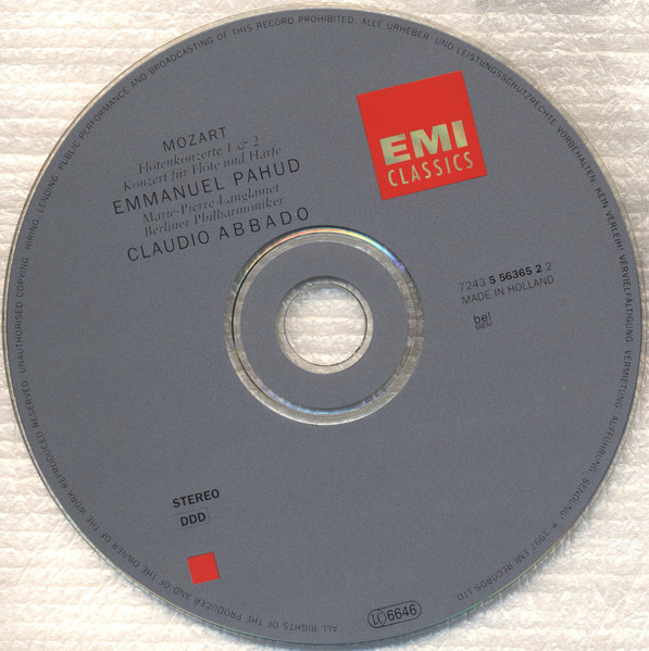 Wolfgang Amadeus Mozart - Emmanuel Pahud , Marie-Pierre Langlamet - Claudio Abbado , Berliner Philharmoniker - Flötenkonzerte 1 & 2 - Konzert Für Flöte Und Harfe | EMI Classics (5 56365 2) - 3