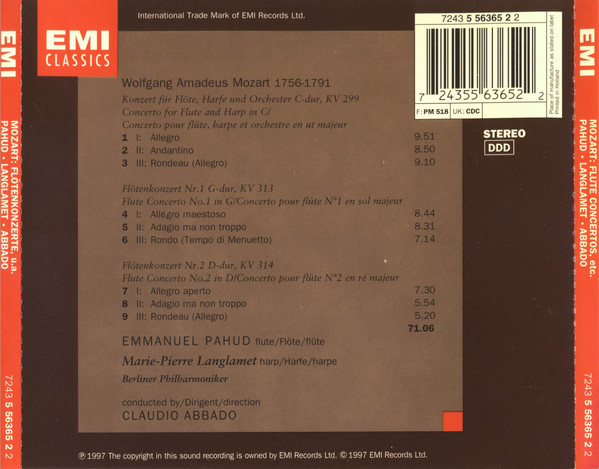 Wolfgang Amadeus Mozart - Emmanuel Pahud , Marie-Pierre Langlamet - Claudio Abbado , Berliner Philharmoniker - Flötenkonzerte 1 & 2 - Konzert Für Flöte Und Harfe | EMI Classics (5 56365 2) - 2