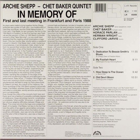 Archie Shepp - Chet Baker Quintet - In Memory Of (First And Last Meeting In Frankfurt And Paris 1988) | L+R Records (LR 45006) - 2