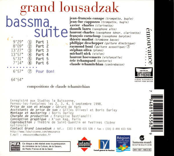 Claude Tchamitchian Grand Lousadzak - Bassma Suite | émouvance (émv 1007) - 2