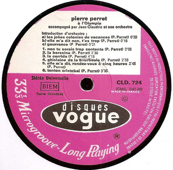 Pierre Perret - Enregistré En Public A L'Olympia | Disques Vogue (CLD 724) - 3