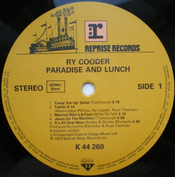 Ry Cooder - Paradise And Lunch | Reprise Records (REP 44 260) - 3