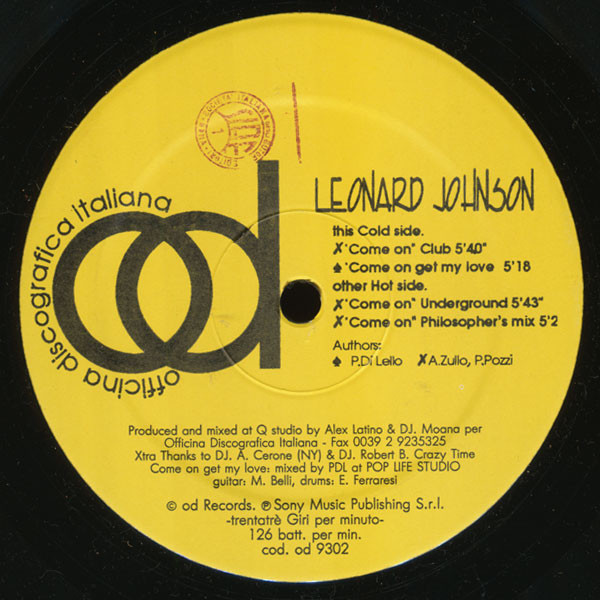 Leonard Johnson - Come On | Officina Discografica Italiana (OD 9302) - main