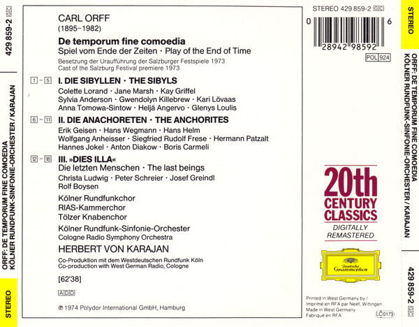 Carl Orff - Kölner Rundfunk-Sinfonie-Orchester , Herbert von Karajan - De Temporum Fine Comoedia | Deutsche Grammophon (429 859-2) - 2 Carl Orff - Kölner Rundfunk-Sinfonie-Orchester , Herbert von Karajan - De Temporum Fine Comoedia | Deutsche Grammophon (429 859-2) - 2