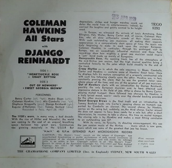 Coleman Hawkins And His All Star Jam Band With Django Reinhardt - Honeysuckle Rose | His Master's Voice (7EGO 8393) - 2 Coleman Hawkins And His All Star Jam Band With Django Reinhardt - Honeysuckle Rose | His Master's Voice (7EGO 8393) - 2