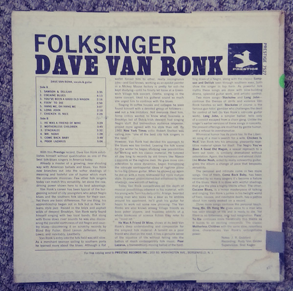 Dave Van Ronk - Folksinger | Prestige (PRST 7527) - 2