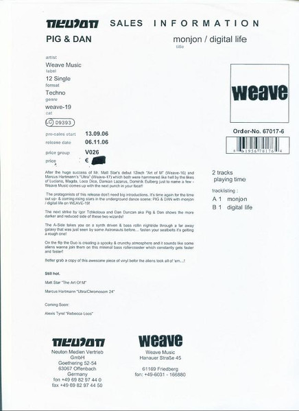 Pig & Dan - Monjon / Digital Life | Weave Music (weave-19) - main Pig & Dan - Monjon / Digital Life | Weave Music (weave-19) - main