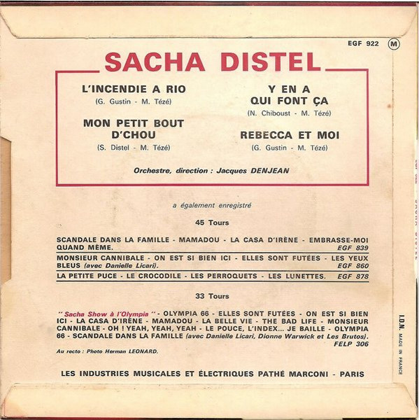 Sacha Distel - L'incendie A Rio | La Voix De Son Maître (EGF 922) - 2 Sacha Distel - L'incendie A Rio | La Voix De Son Maître (EGF 922) - 2