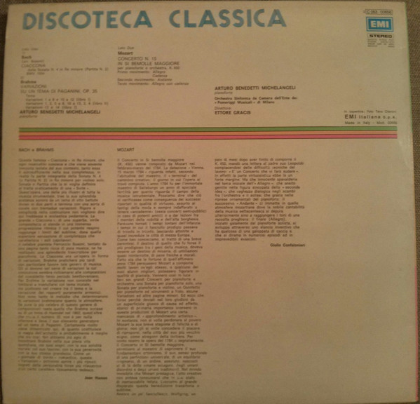 Arturo Benedetti Michelangeli , Orchestra Sinfonica Da Camera Dell'Ente Dei Pomeriggi Musicali di Milano , Ettore Gracis - Bach - Brahms - Mozart | EMI (3 C 053-00656) - 2