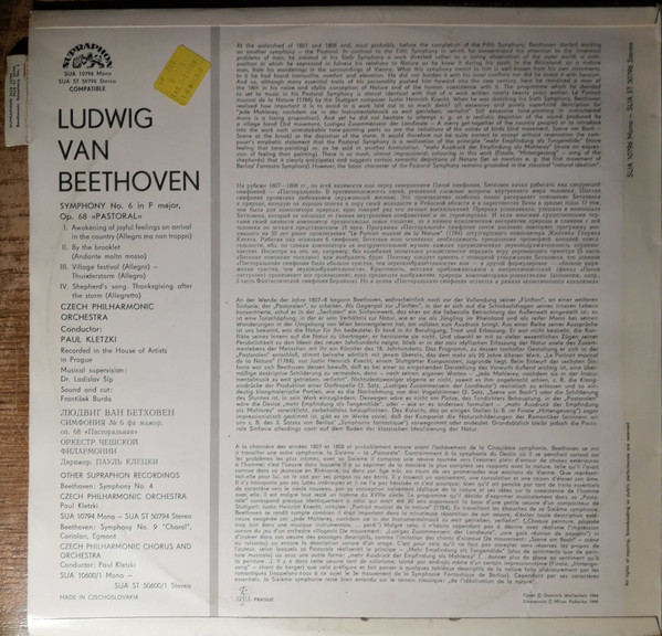 Ludwig van Beethoven - The Czech Philharmonic Orchestra , Paul Kletzki - Symphony No. 6 Pastoral | Supraphon (SUA ST 50796) - main