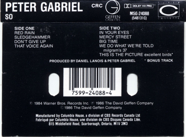 Peter Gabriel - So [Cassette] | Geffen Records (M5G-24088) - 2